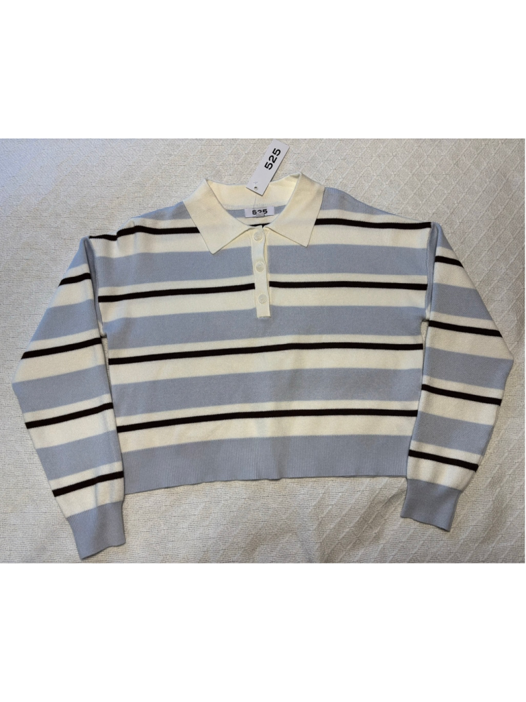 525 America Cropped Long Sleeve Rugby Polo Sweater Striped Blue White Small Nwt — image 2 of 6
